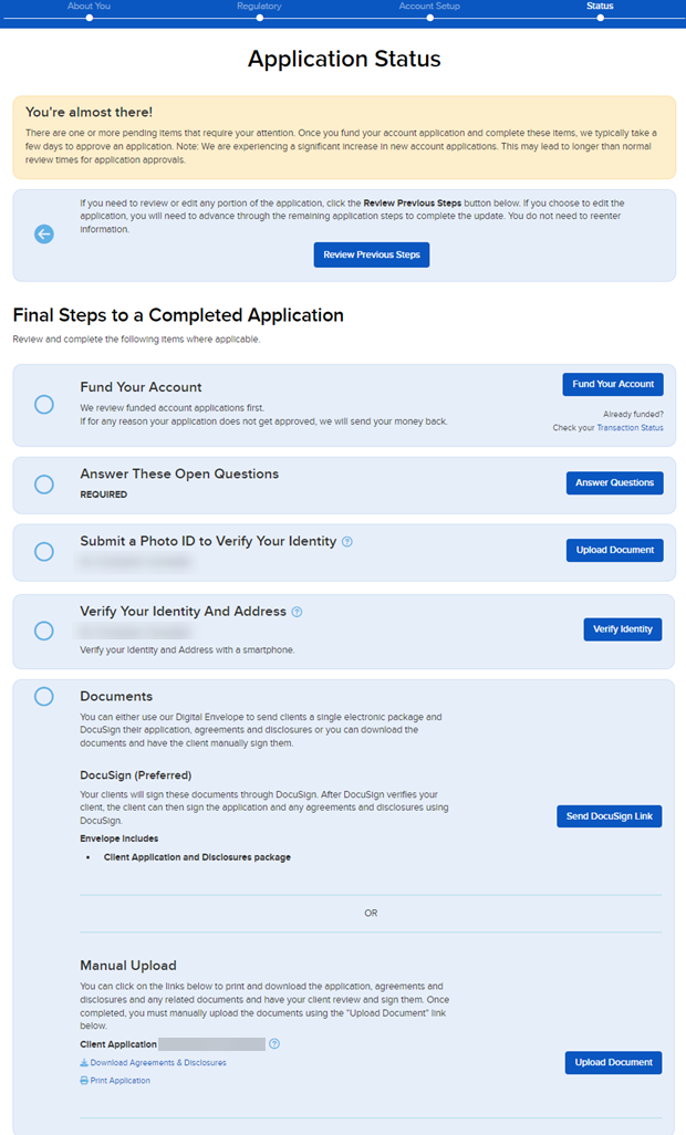 The application status page for docusign. 