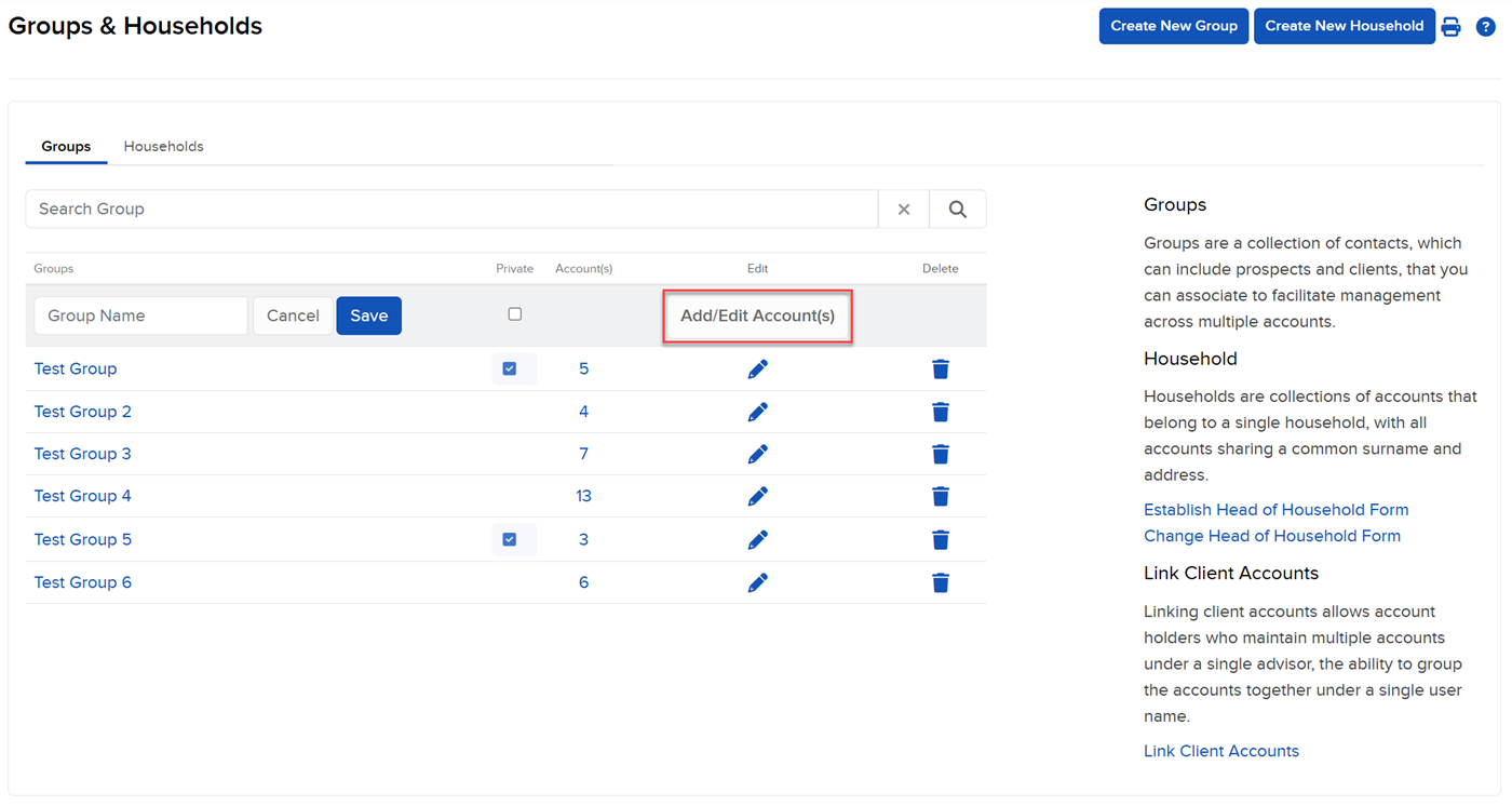 Image of the gropus & households add/edit account(s) - groups panel in portal. 