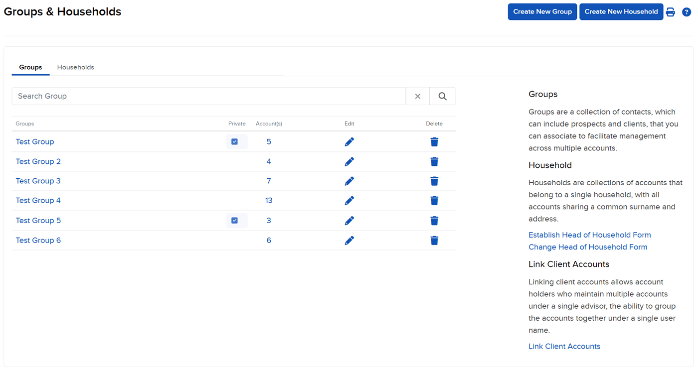 Image of the groups & households panel in portal. 