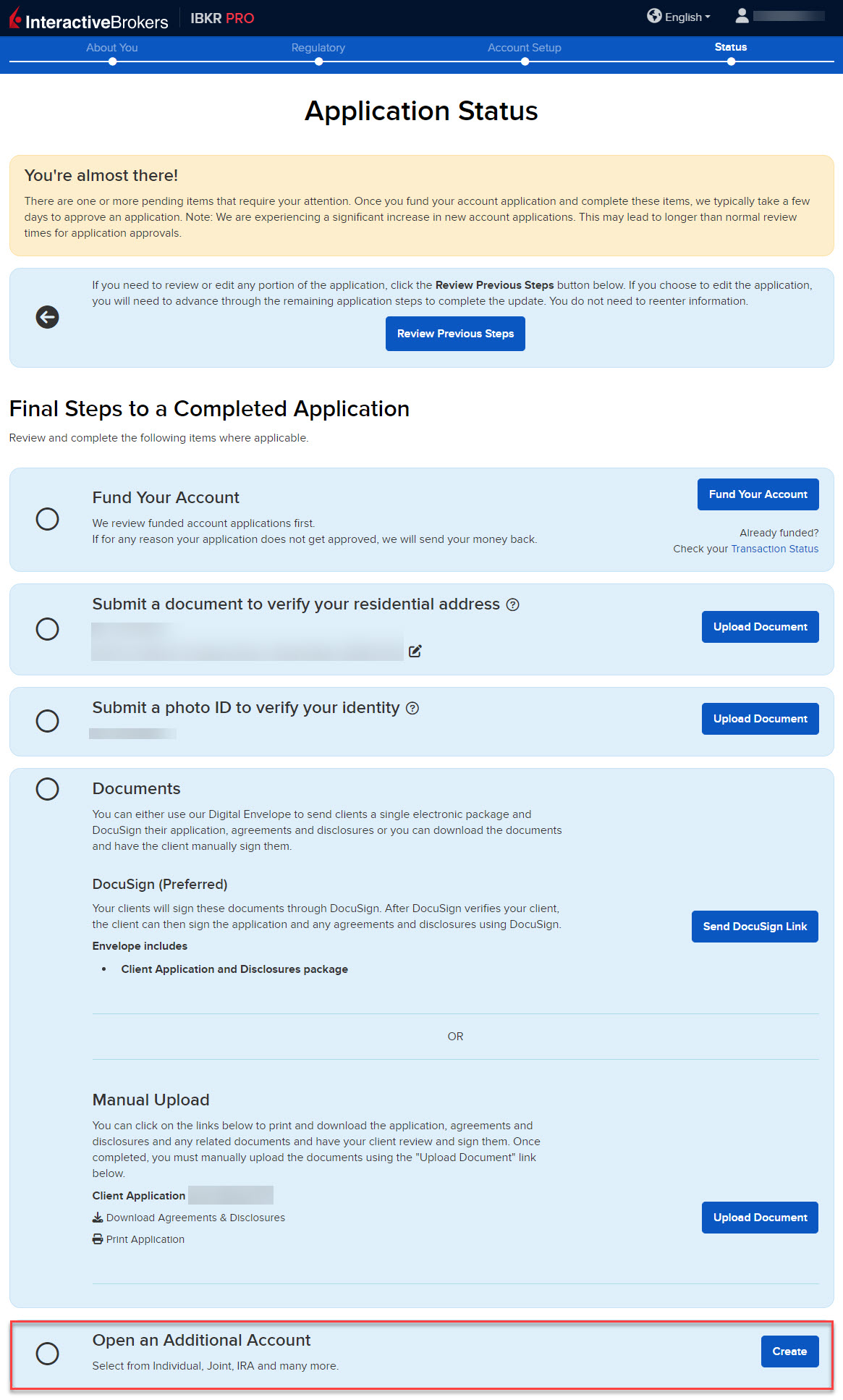 The application status page