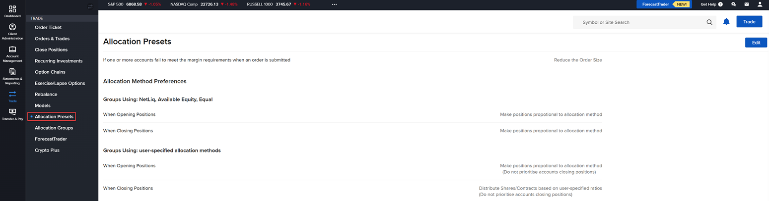 The allocation presets panel in portal. 