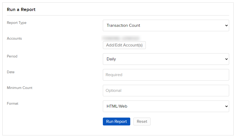 Run a Report on Transaction Count Image of the run report on transaction count panel in portal.