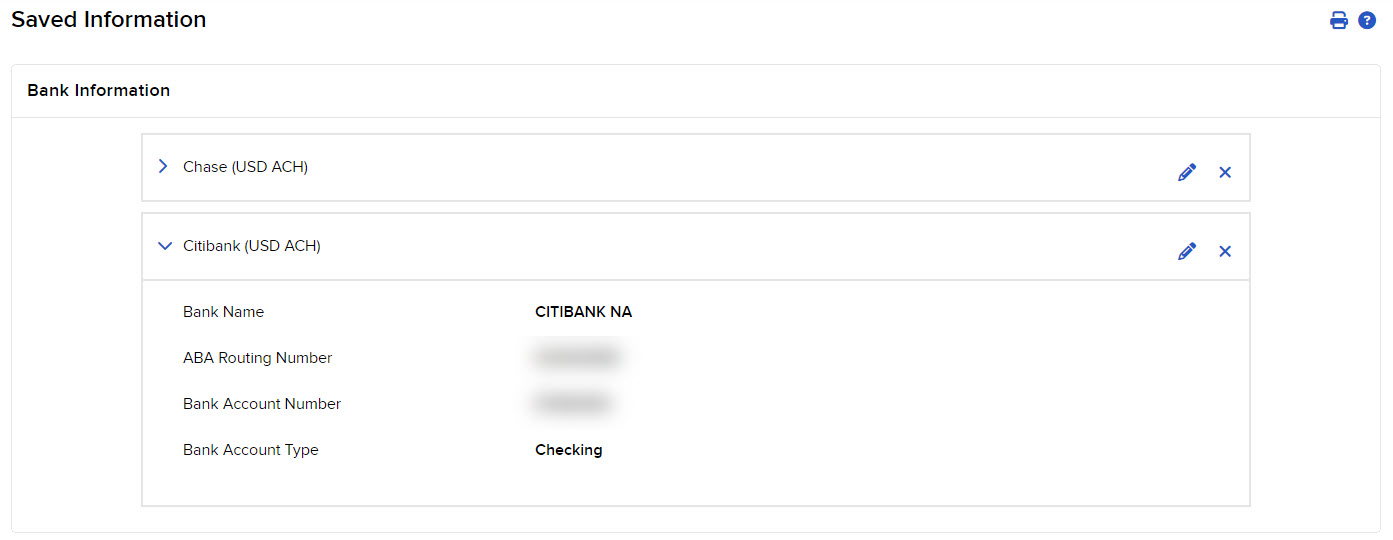 The saved banking information detail in portal. 