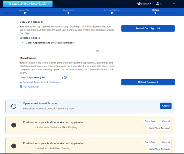The send application via DocuSign in portal. 