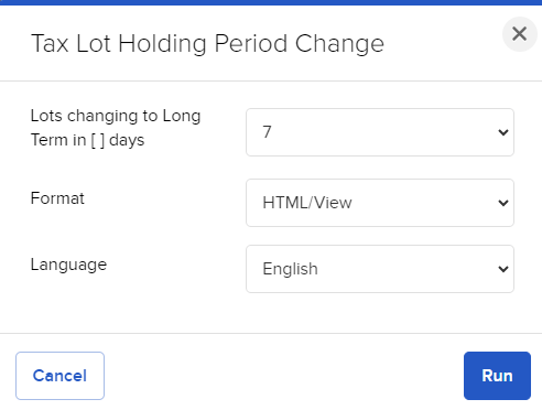 Tax Lot Holding Period Change Tax lot holding period change panel in portal.