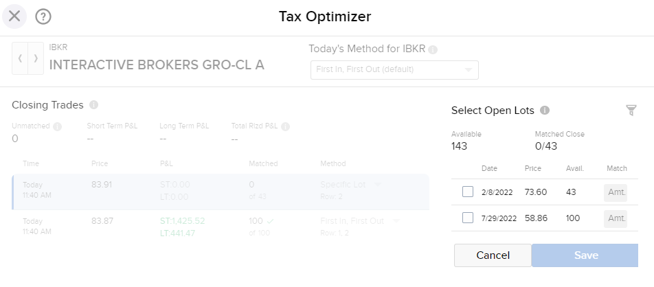 The tax optimizer matching lots panel in Portal. 
