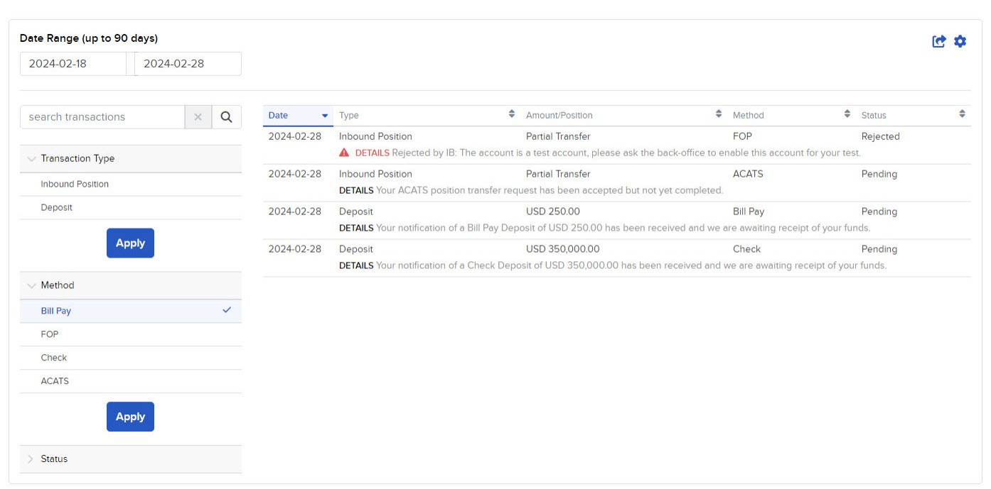 The filter transaction history panel in Portal. 