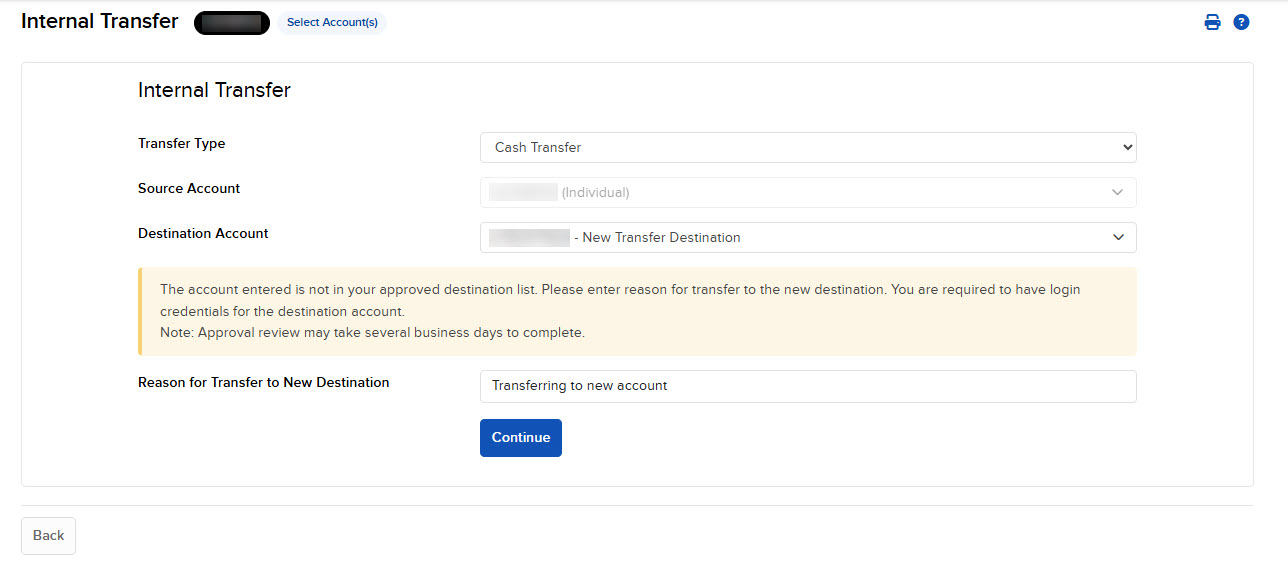 The internal transfer to new account panel in portal. 