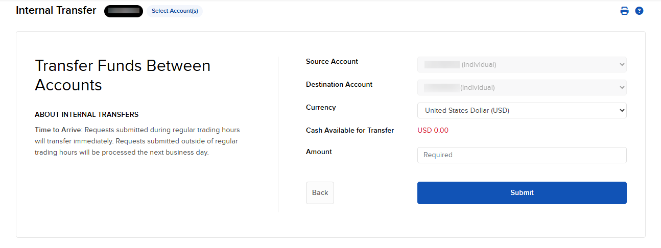 The internal transfer amount panel in portal. 