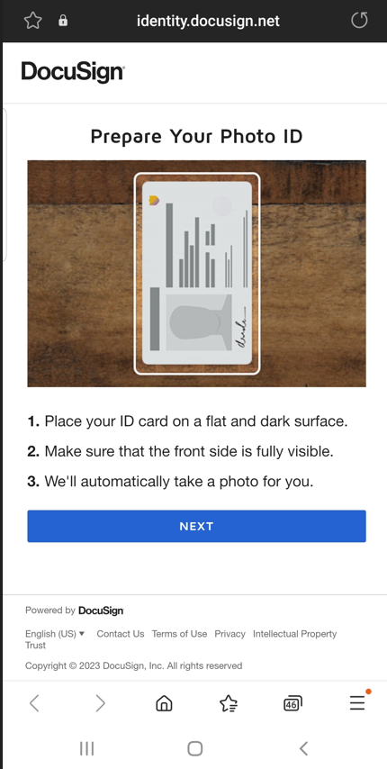 Image of the DocuSign prepare your photo ID screen. 
