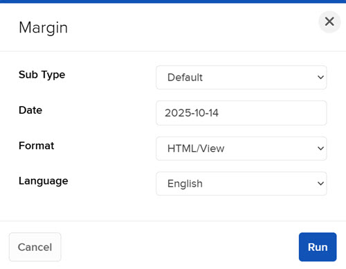 Margin Report Image of the margin report panel in portal.