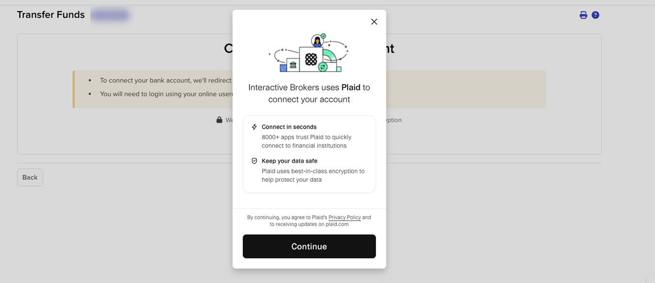 Image of the plaid connect account panel in Portal. 