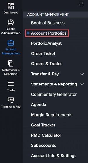 Image of the accounts portfolios section in advisor portal. 