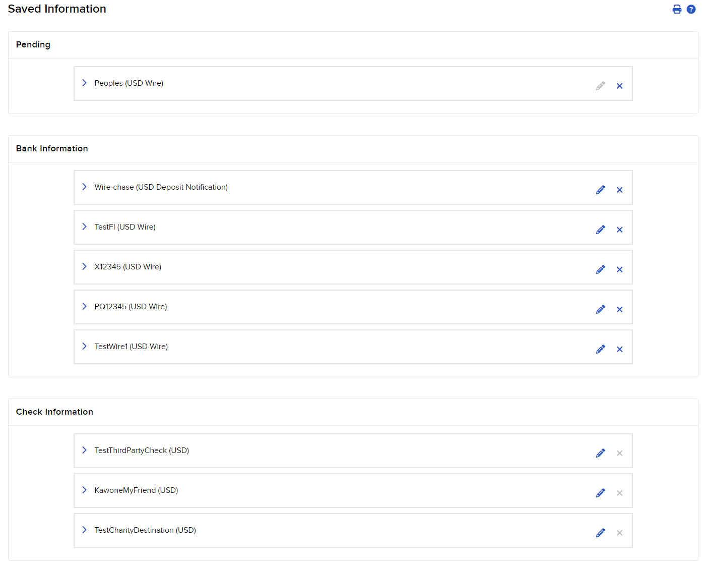 Image of the saved banking information in portal. 