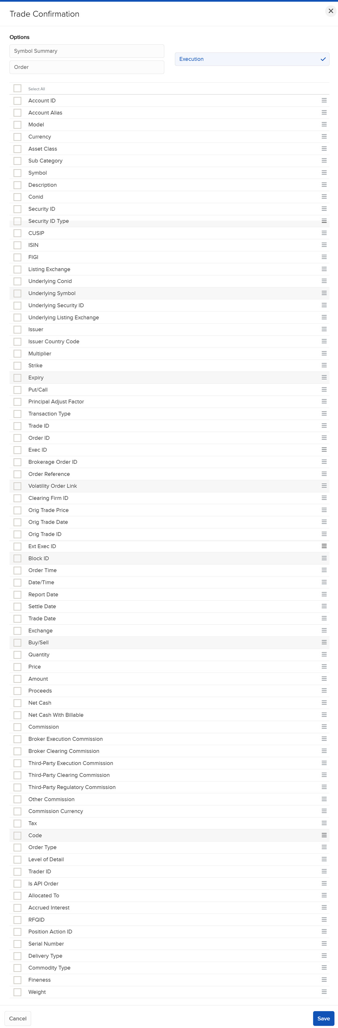 The trade confirmation flex query sections