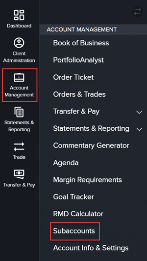 The subbaccounts menu in portal. 