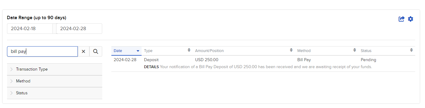 Search for a Specific Transaction Image of the search for a specific transaction panel in Portal.