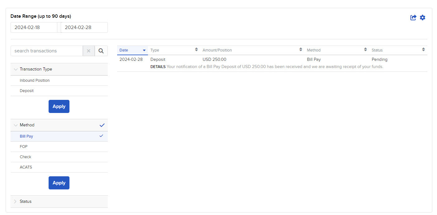 Updated Filter Transaction History Image of the filter transaction history results.