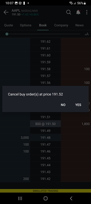 The BookTrader order types on the Android Phone