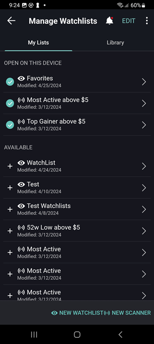 The manage watchlists menu on Android Phone