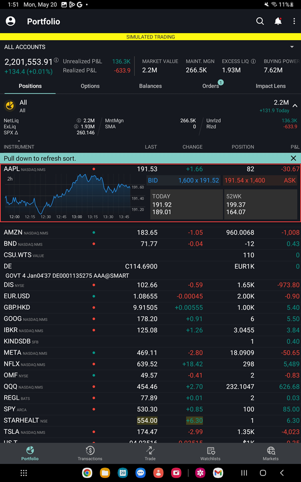 The portfolio on the Android Tablet