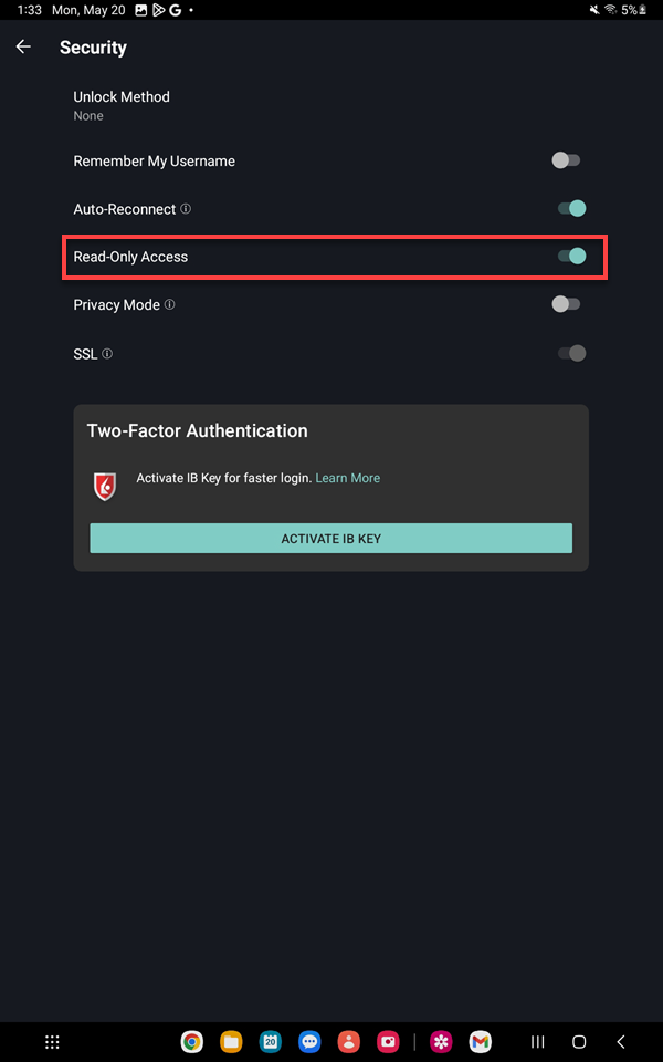 The account menu security on the Android Tablet