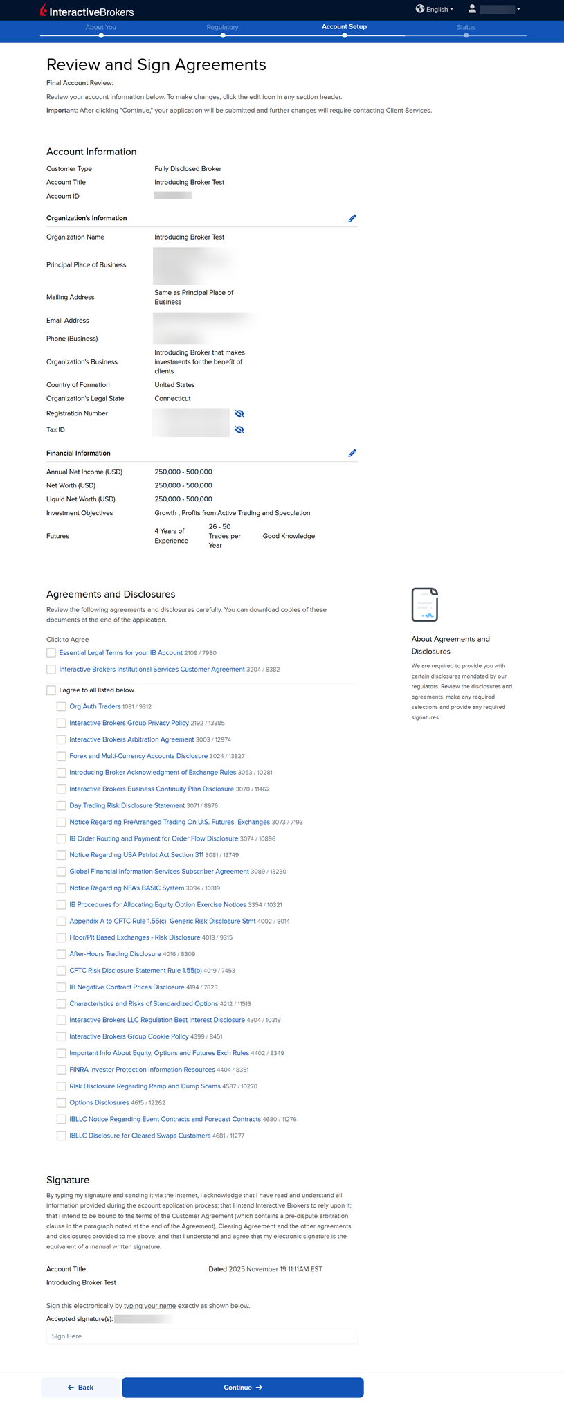 The review & sign broker application panel