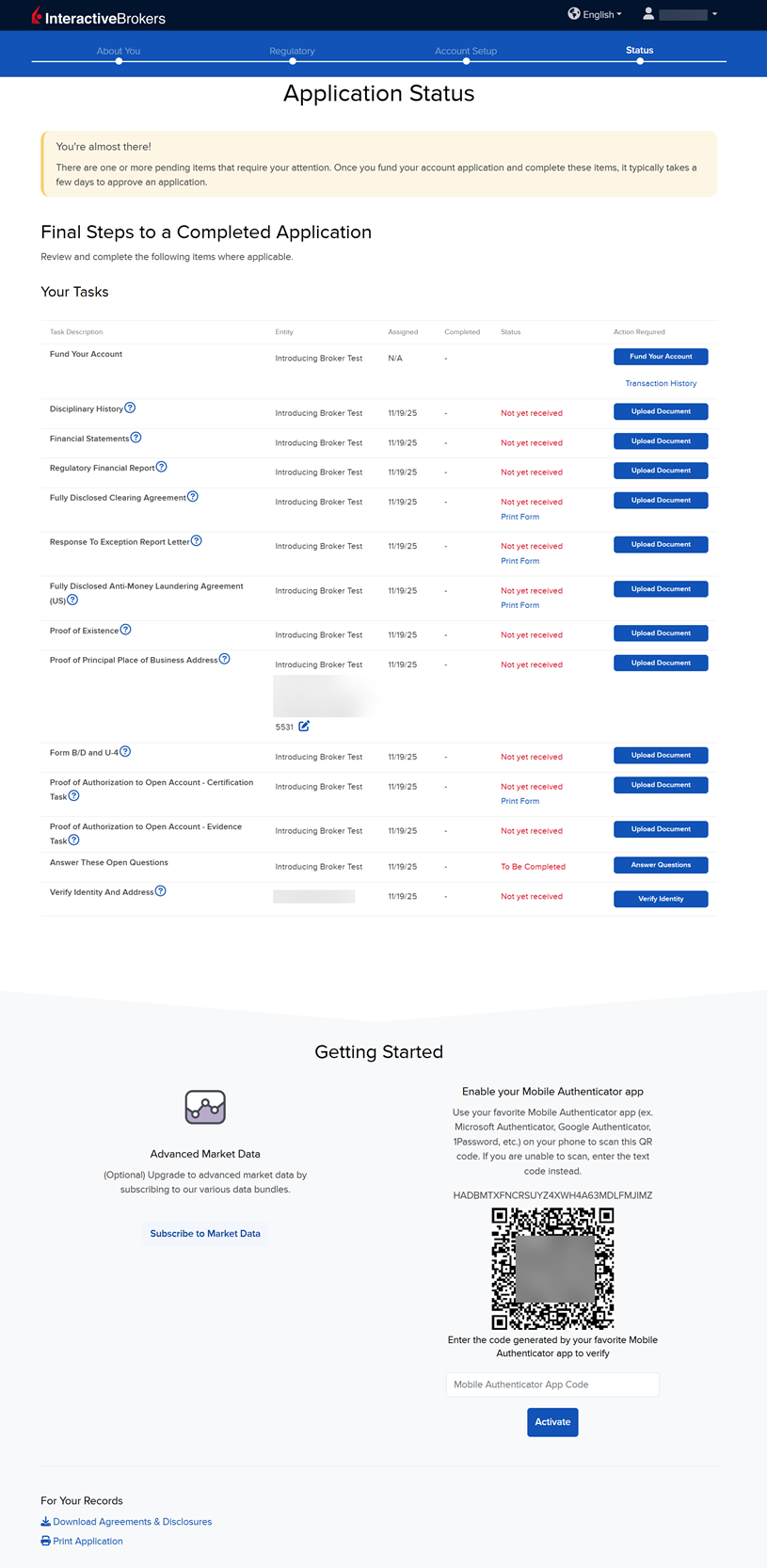 The broker application status page. 
