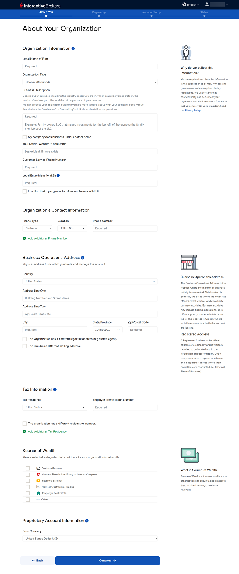 Enter your organization's contact information for the application. 
