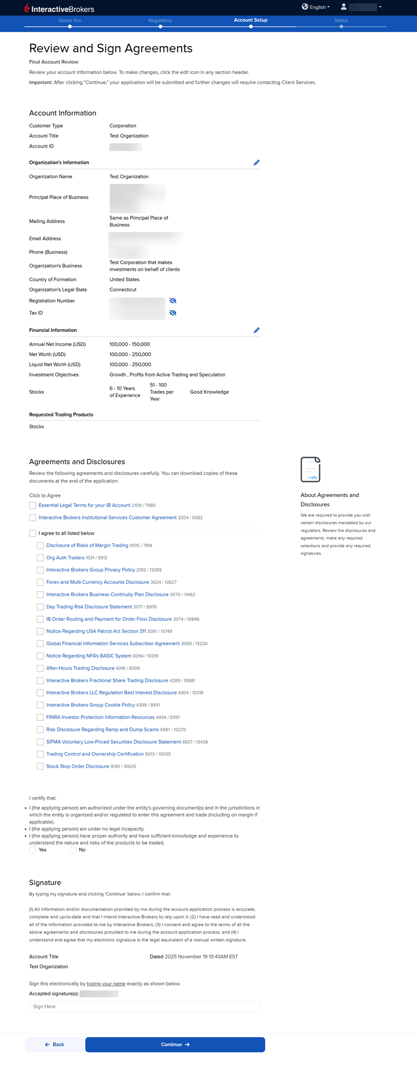 The review & sign application panel. 