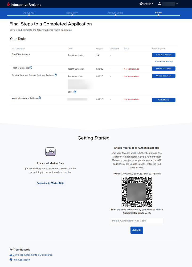 The application status page