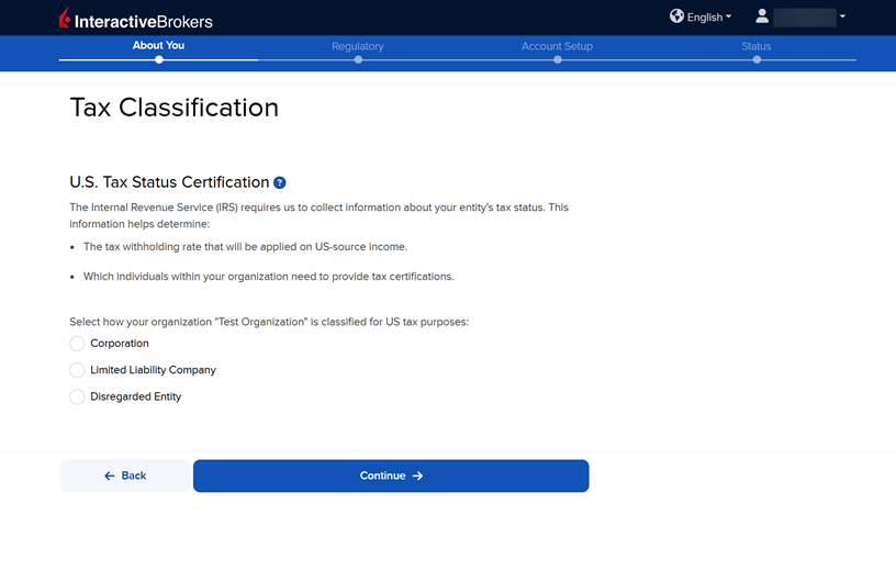 The tax classification panel in the application. 