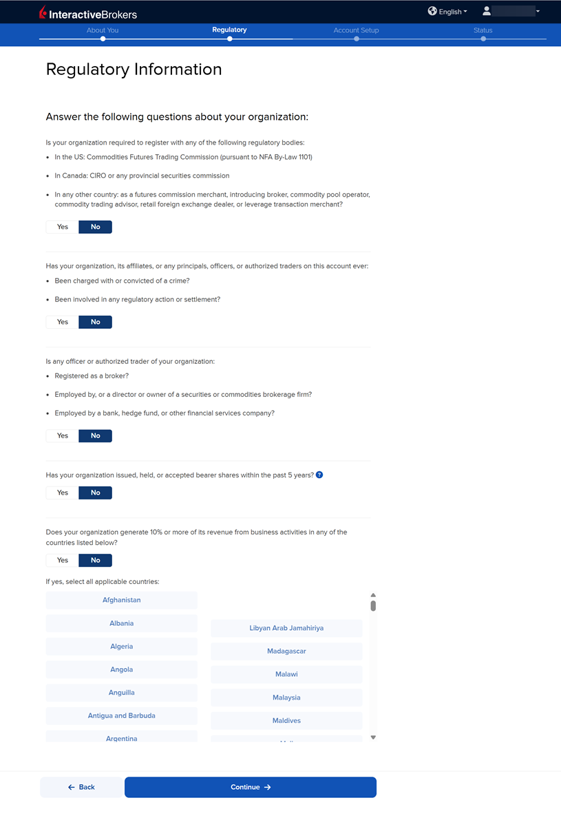 The regulatory information panel int he application. 