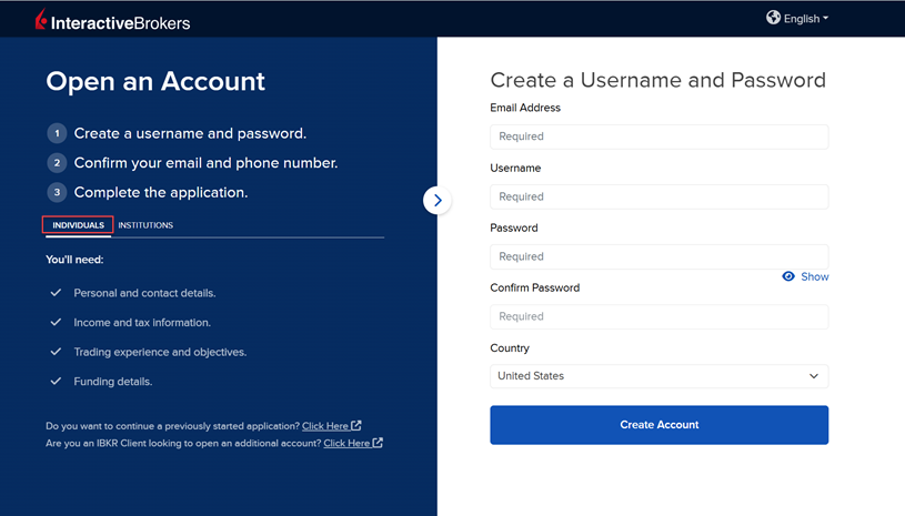 The open an individual account page on the IBKR website. 