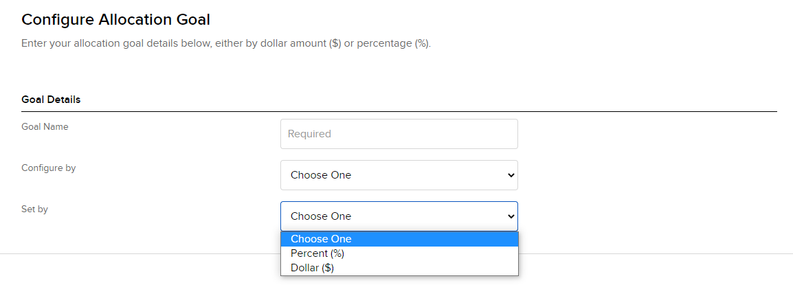 Image of the PortfolioAnalyst configure allocation goal panel. 