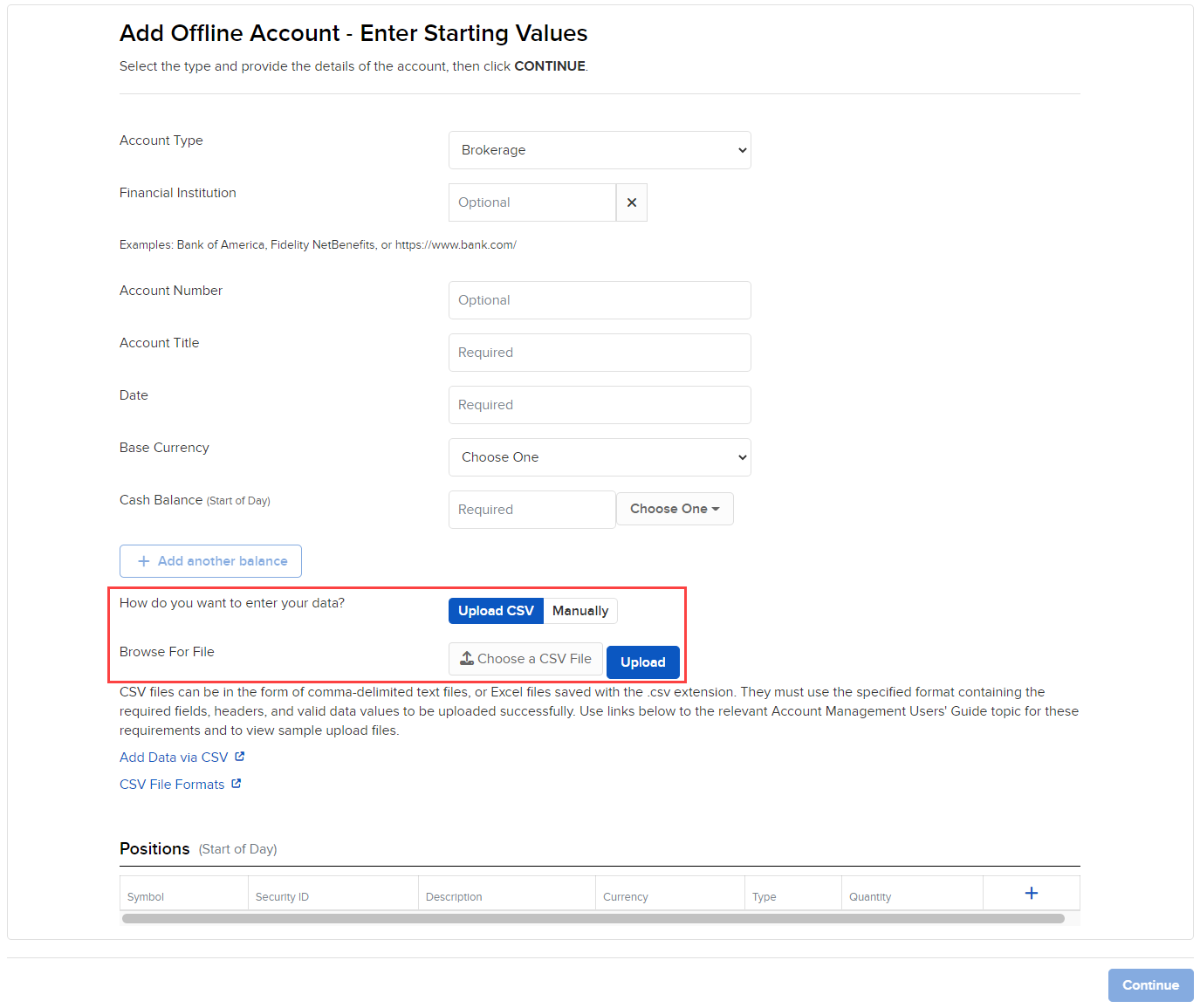 Image of the PortfolioAnalyst add offline account values panel. 