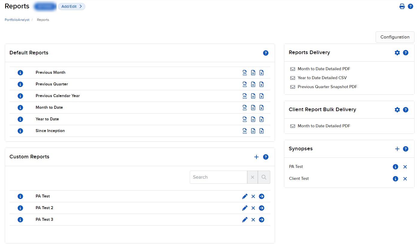 Image of the PortfolioAnalyst reports panel. 