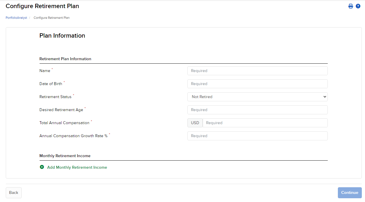 Image of the PortfolioAnalyst configure retirement plan for institutions. 