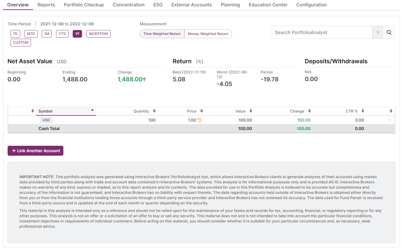 Image of the PortfolioAnalyst for non-IBKR clients dashboard. 