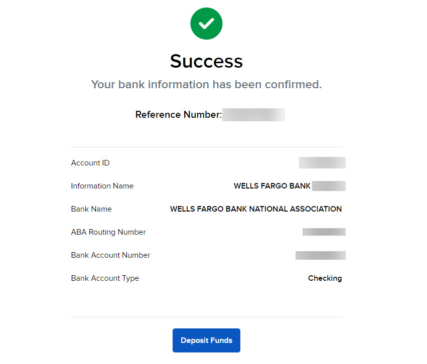 Image of the bank information confirmation page in Portal. 
