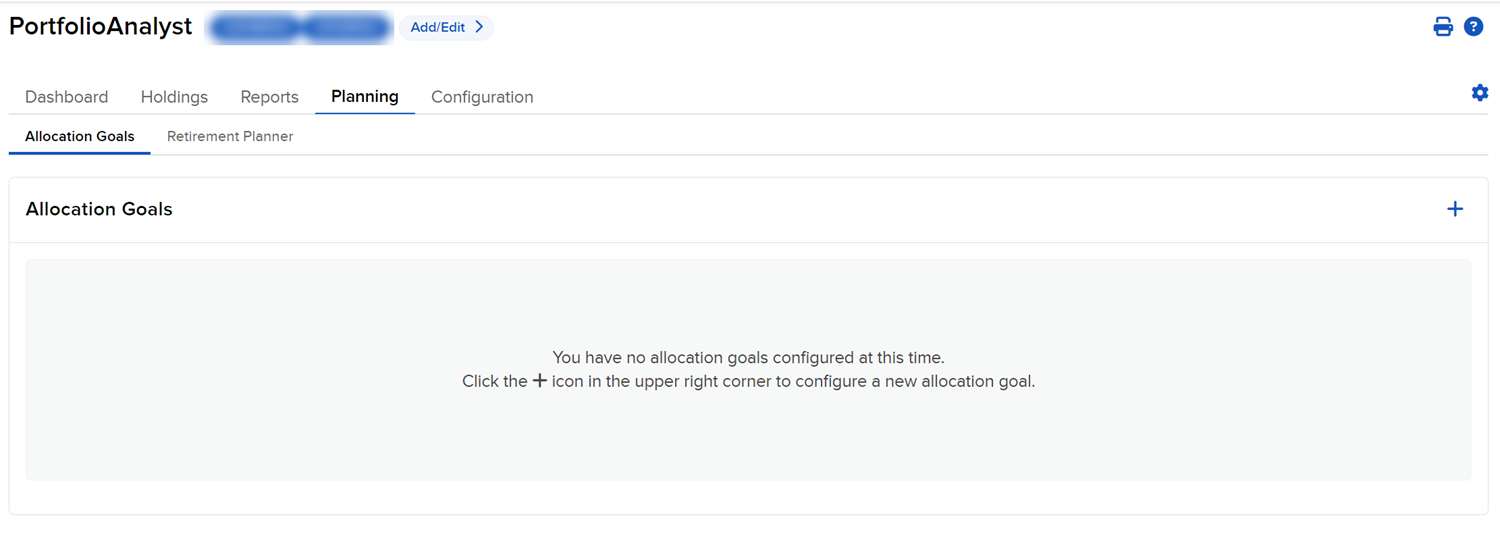 Image of the PortfolioAnalyst planning allocation goals panel. 