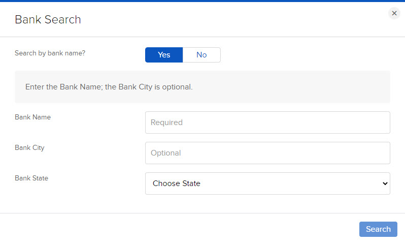 Image of the search by bank name panel in portal. 