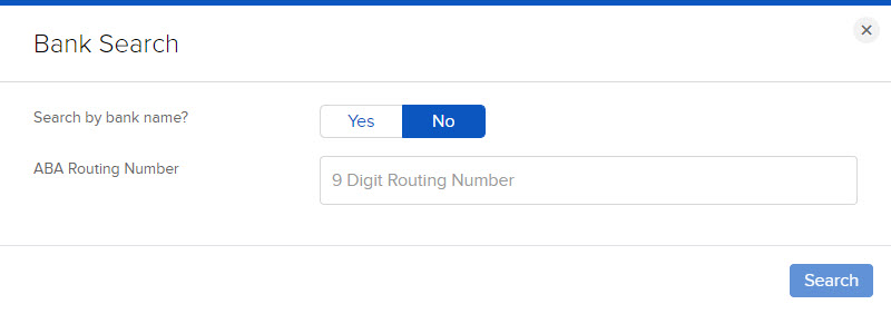 Image of the search by ABA routing number panel in Portal. 