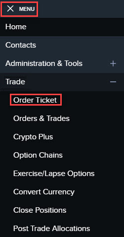 Image of the trade menu in Broker Portal. 