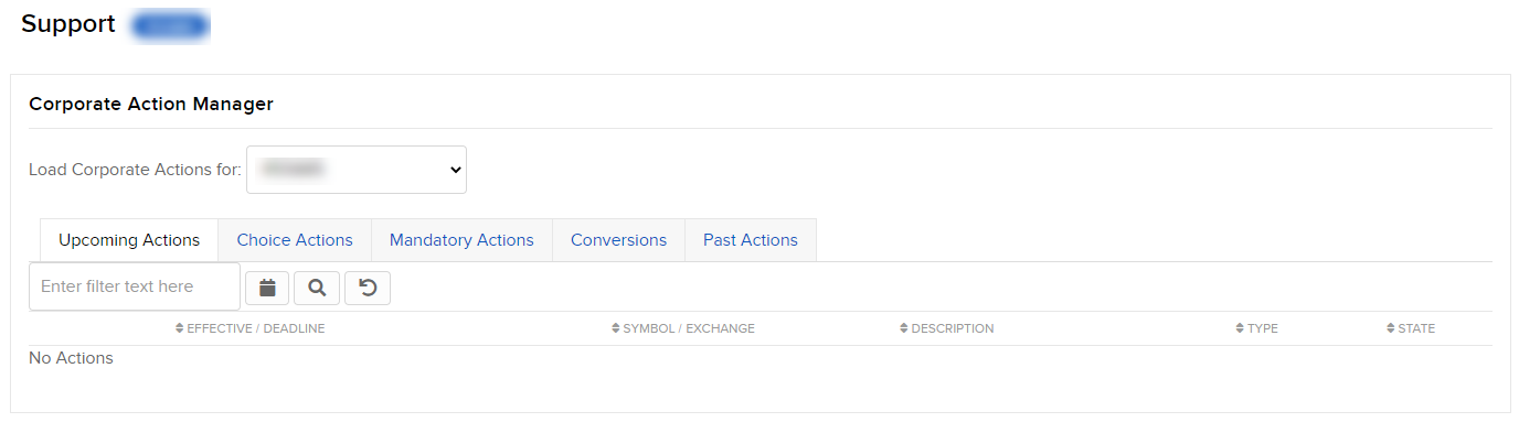 The corporate action manager panel in broker portal. 