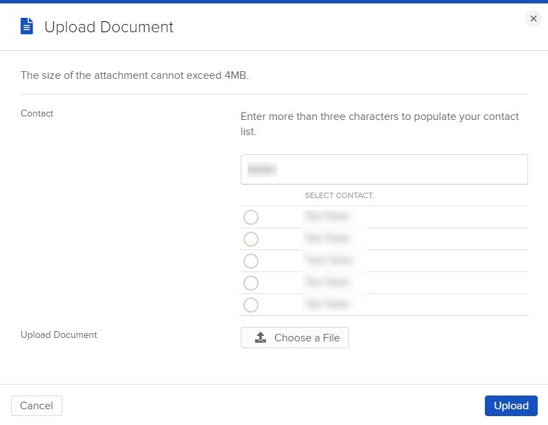 Image of the upload document panel in portal. 