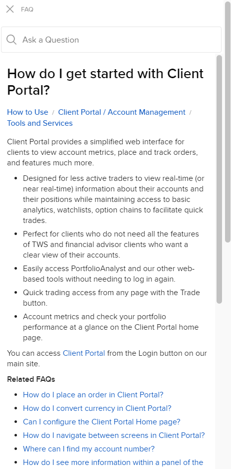 The FAQ automated help panel in broker portal. 