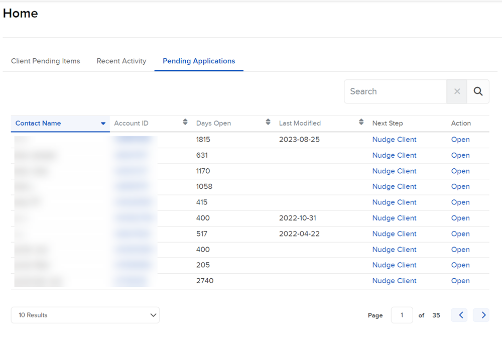 Image of the pending applications panel in portal. 