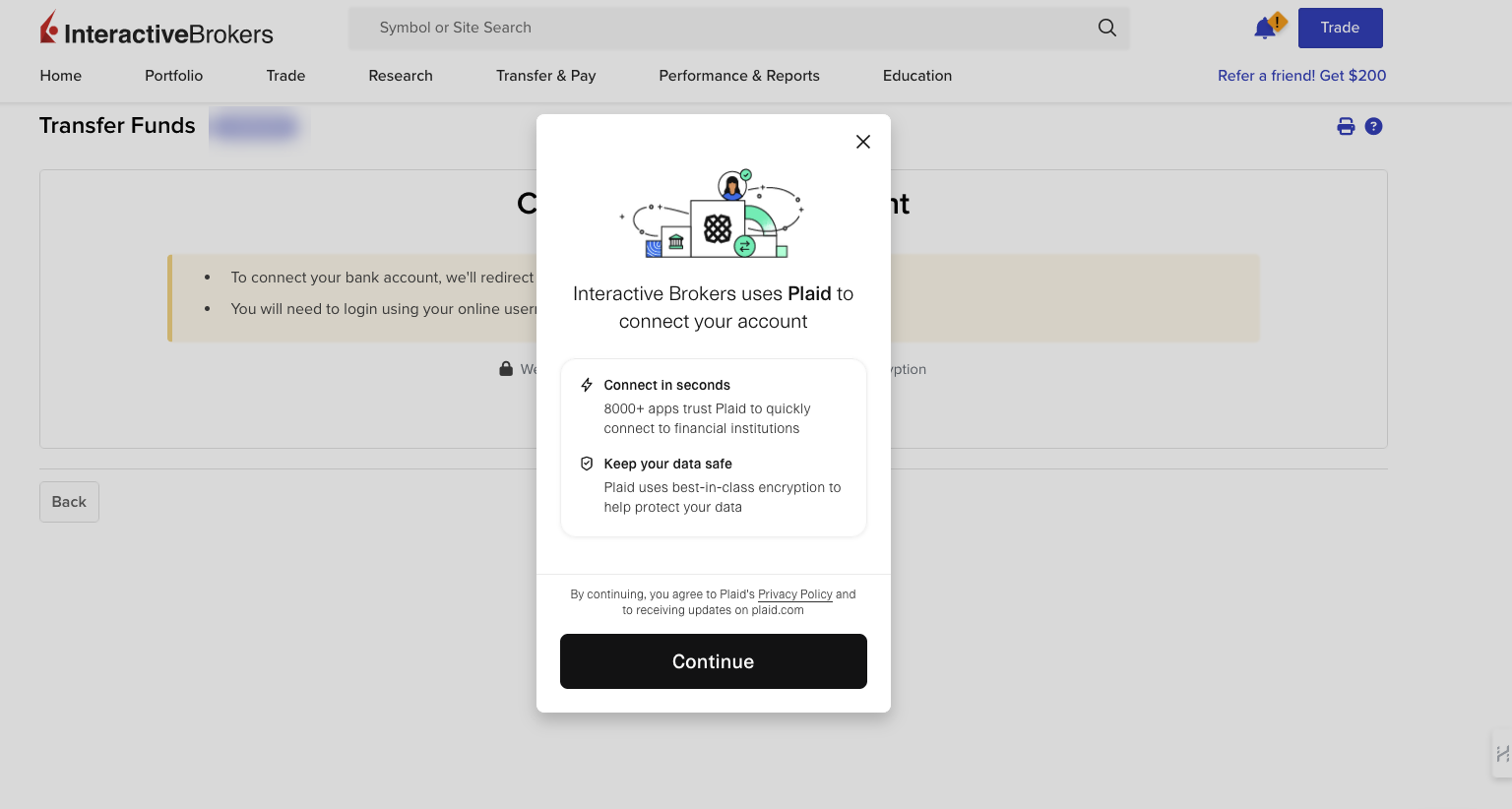 Image of the plaid connect account panel in Portal. 