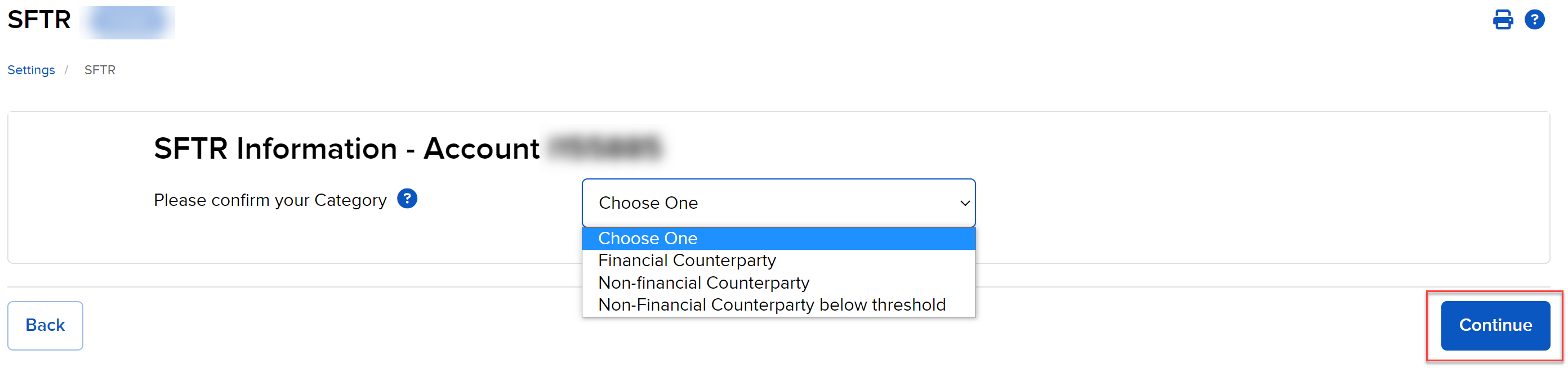 The SFTR information category options in broker portal. 